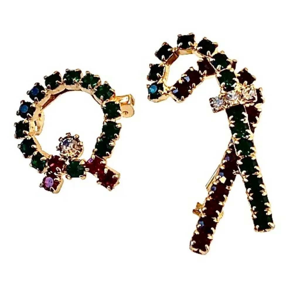 Vintage Christmas Brooch CANDY CANE + WREATH Rhinestones 2 Pins